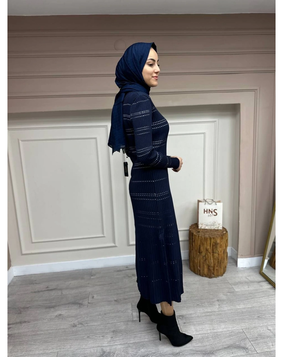 Qooq 24FW404 Lacivert Triko Elbise