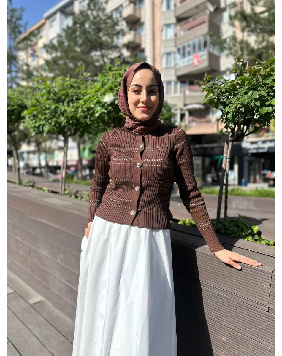 Qooq 24SS699 Kahve Triko Hırka