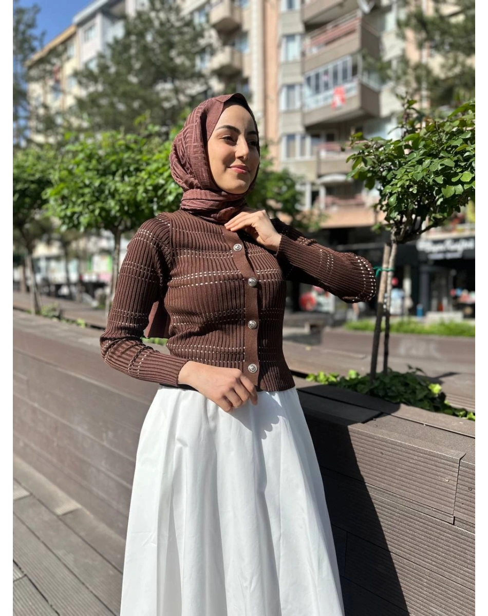 Qooq 24SS699 Kahve Triko Hırka