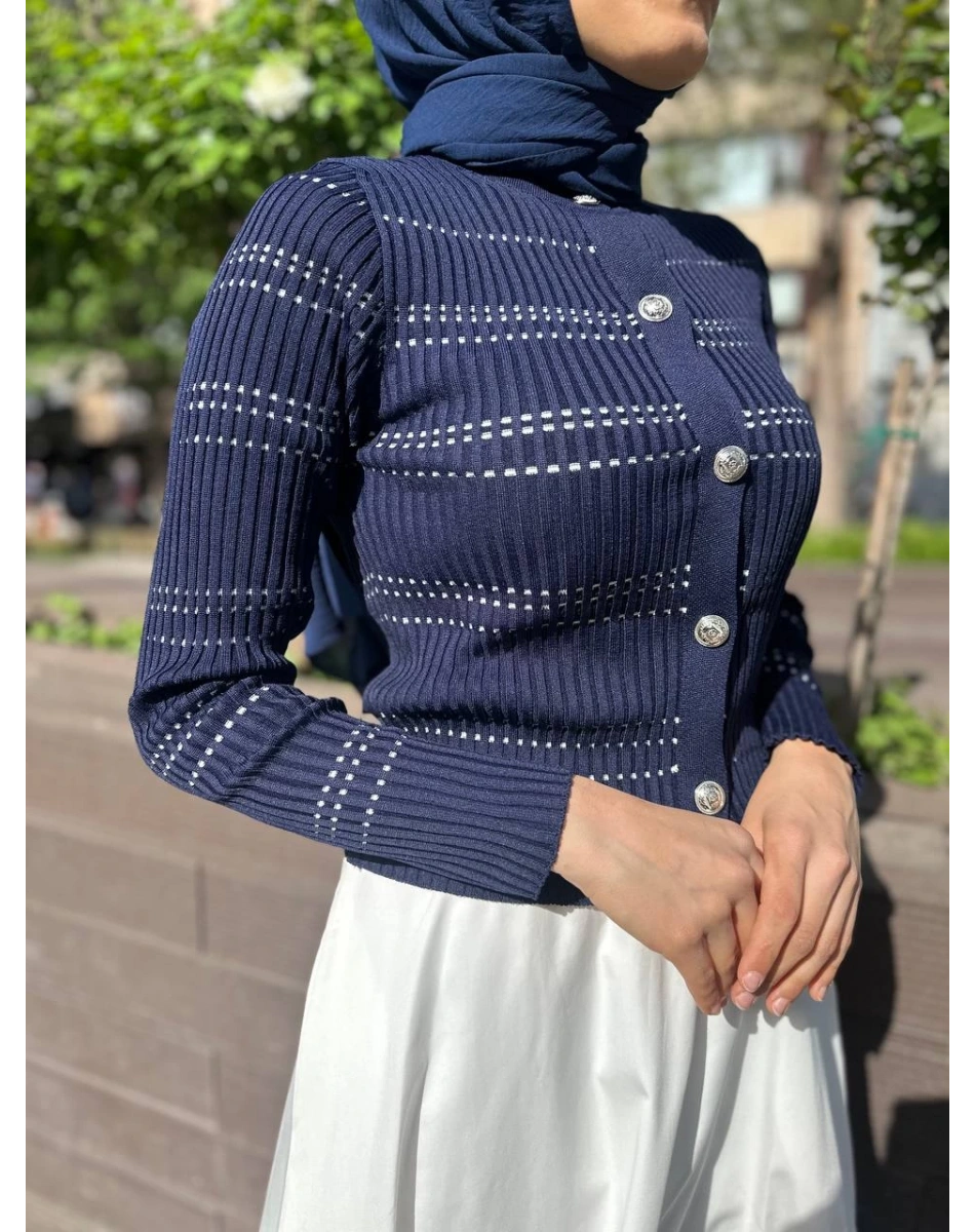 Qooq 24SS699 Lacivert Triko Hırka