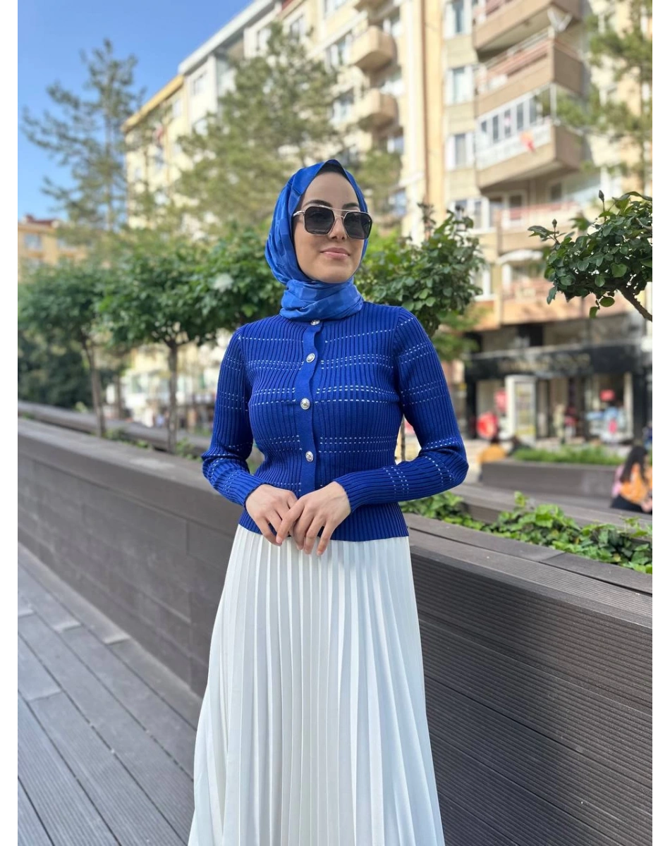 Qooq 24SS699 Saks Mavi Triko Hırka