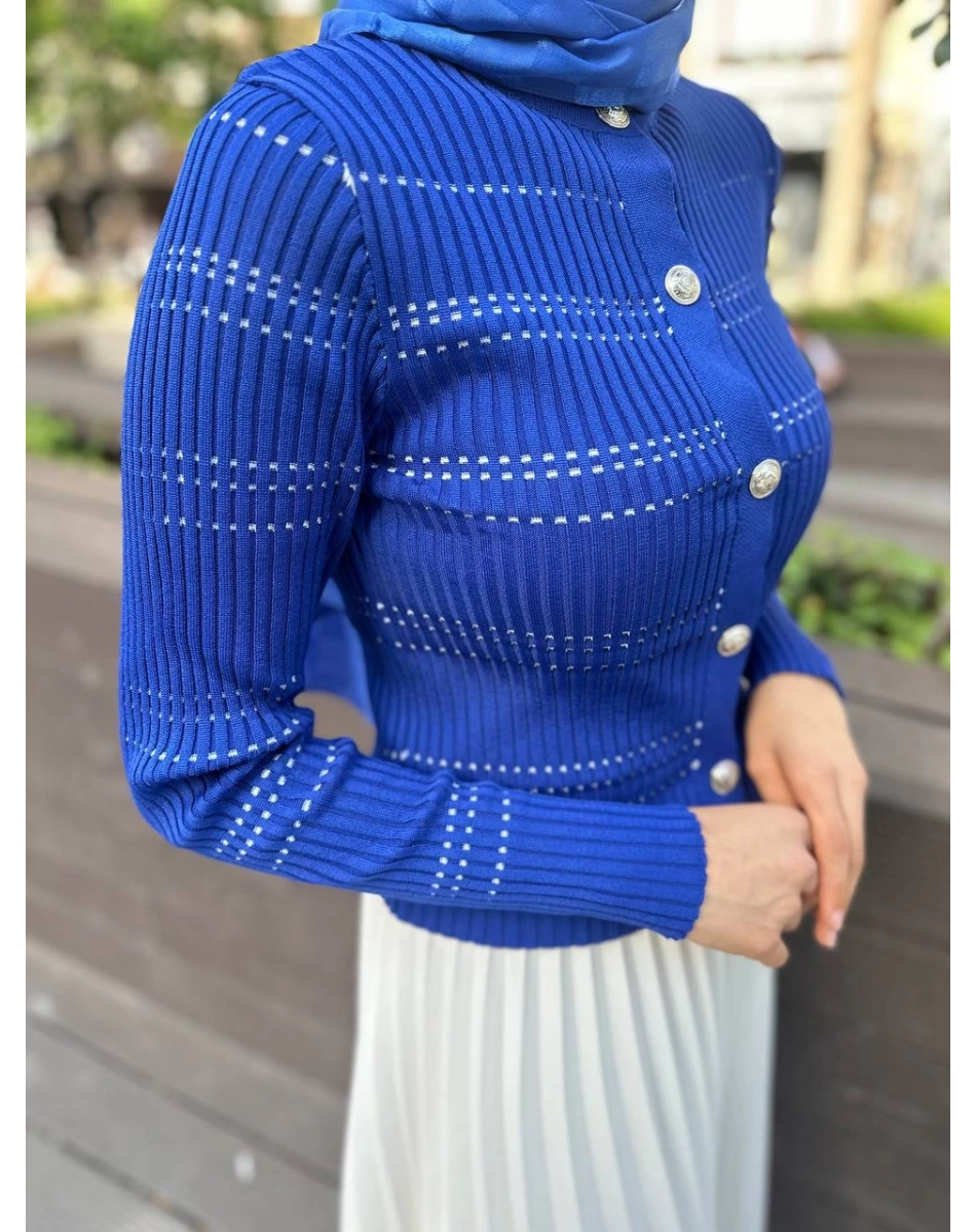 Qooq 24SS699 Saks Mavi Triko Hırka