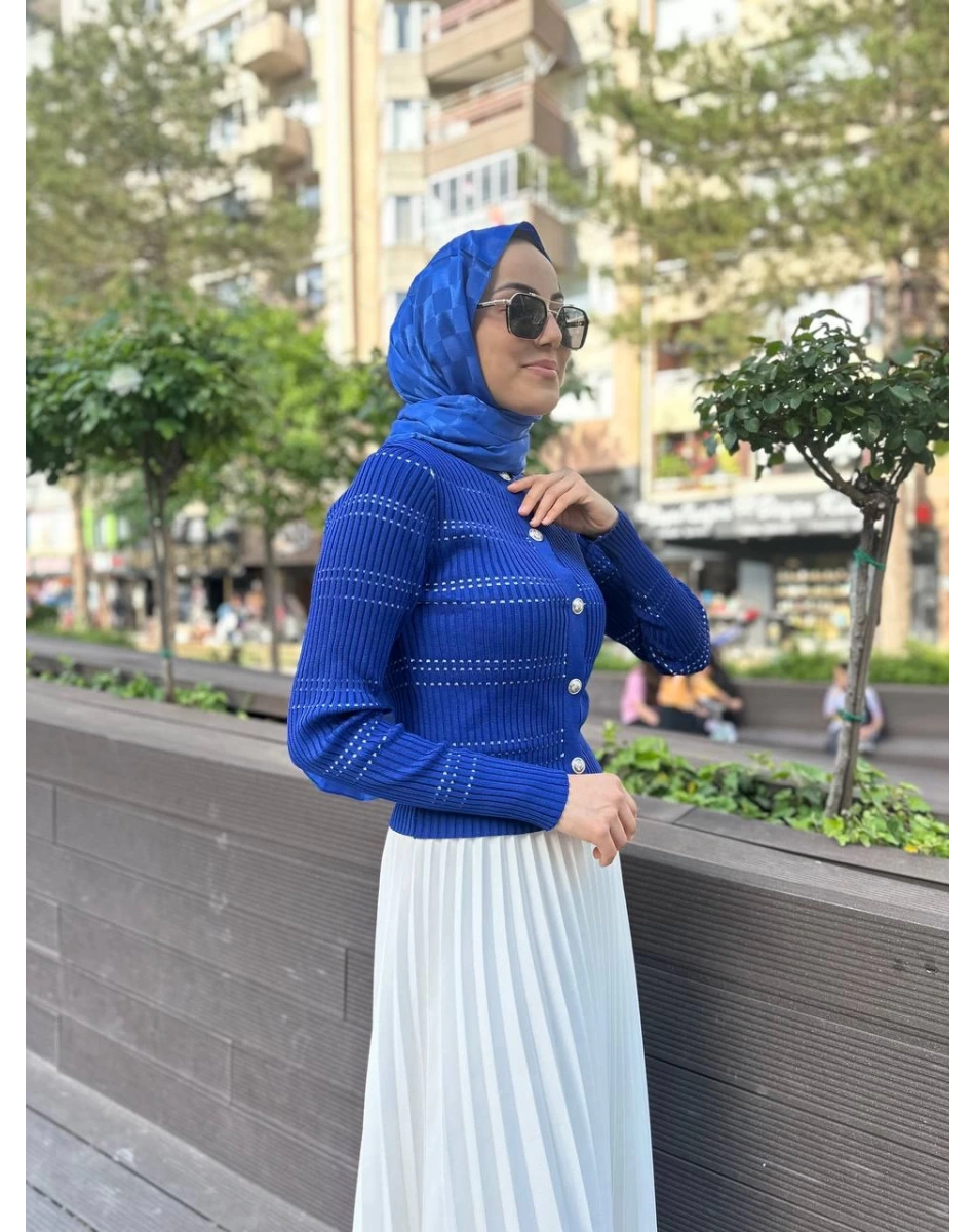 Qooq 24SS699 Saks Mavi Triko Hırka