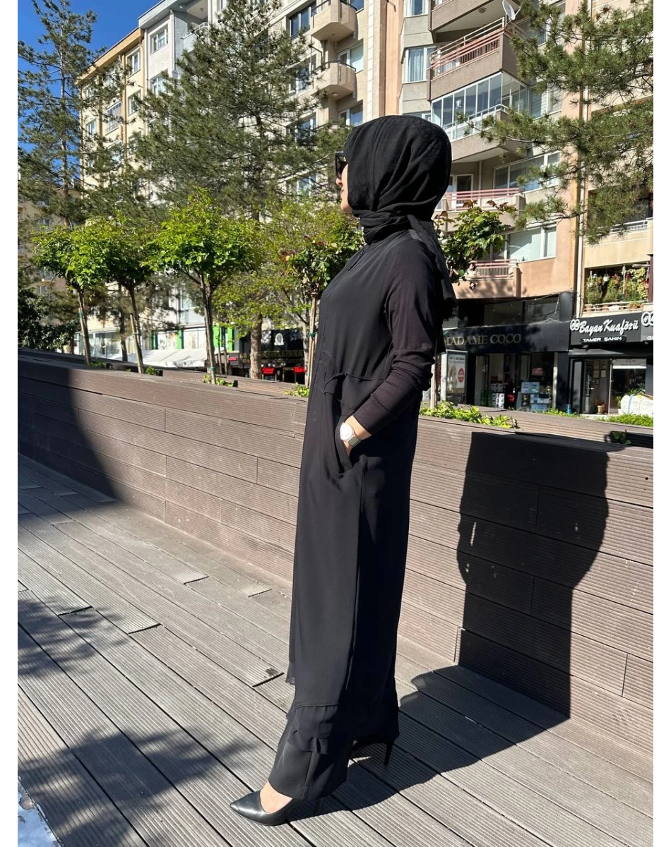 RedShow 25075 Siyah Bel Kısmı Detaylı Ferace