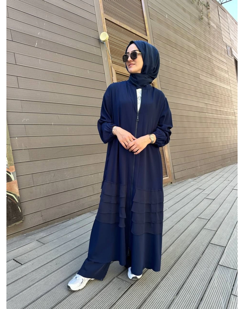 RedShow 25110 Lacivert Eteği Fırfır Detaylı Büyük Beden Ferace