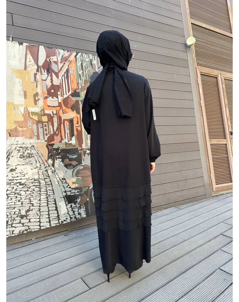 RedShow 25110 Siyah Eteği Fırfır Detaylı Büyük Beden Ferace