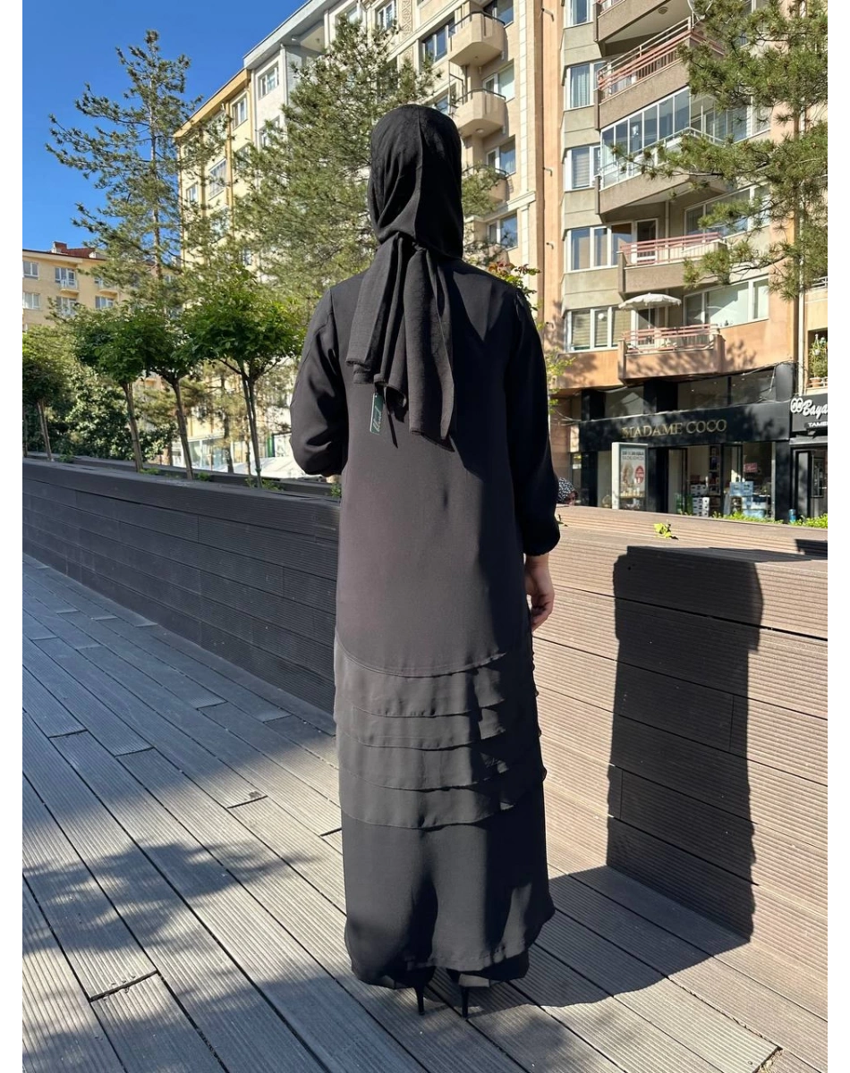 RedShow 25110 Siyah Eteği Fırfır Detaylı Ferace