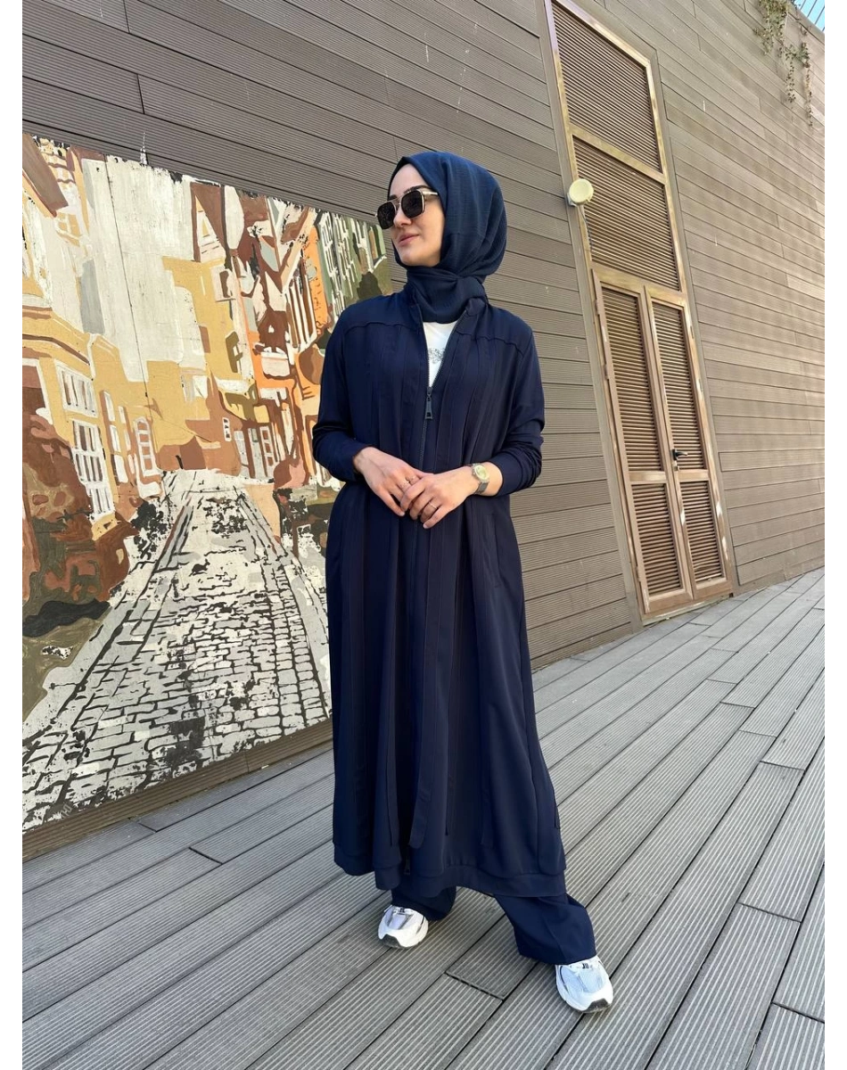 RedShow 25165 Lacivert Şerit Detay Büyük Beden Ferace