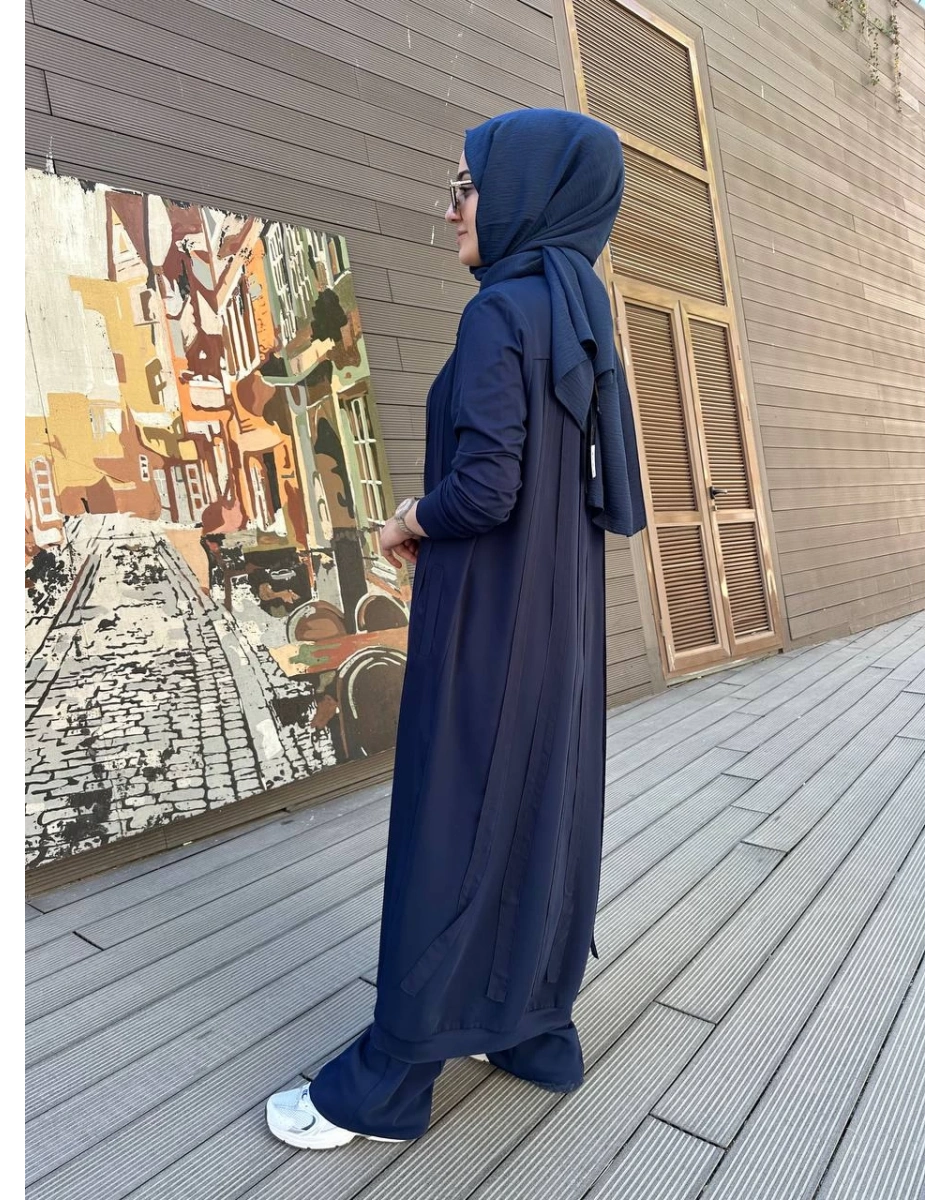 RedShow 25165 Lacivert Şerit Detay Büyük Beden Ferace