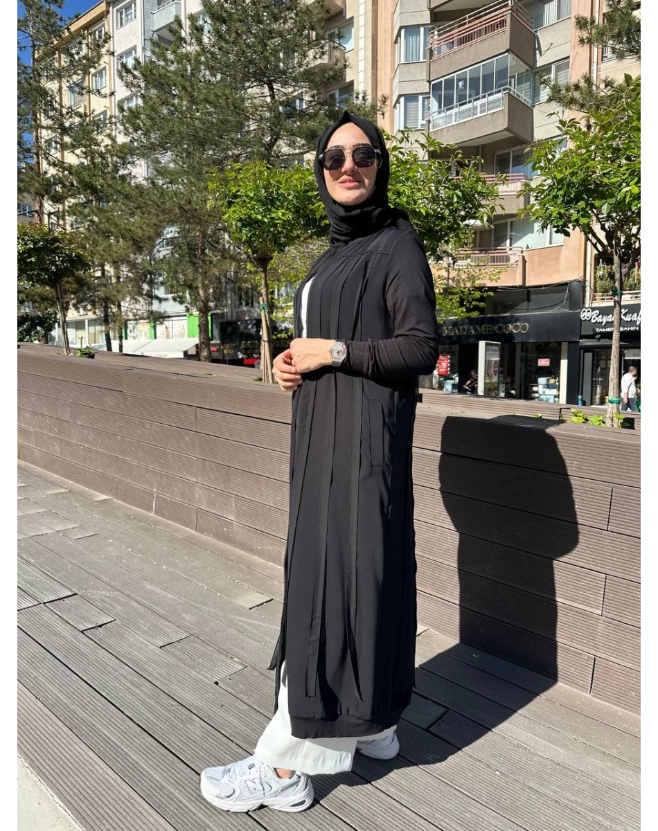 RedShow 25165 Siyah Şerit Detaylı Ferace