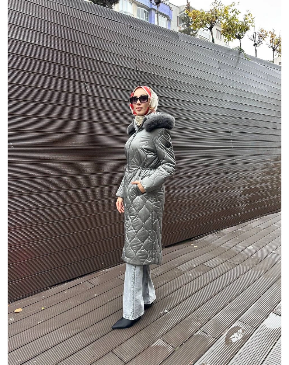 Trenç 5628 Gri Soğan Desenli Şişme Kaban