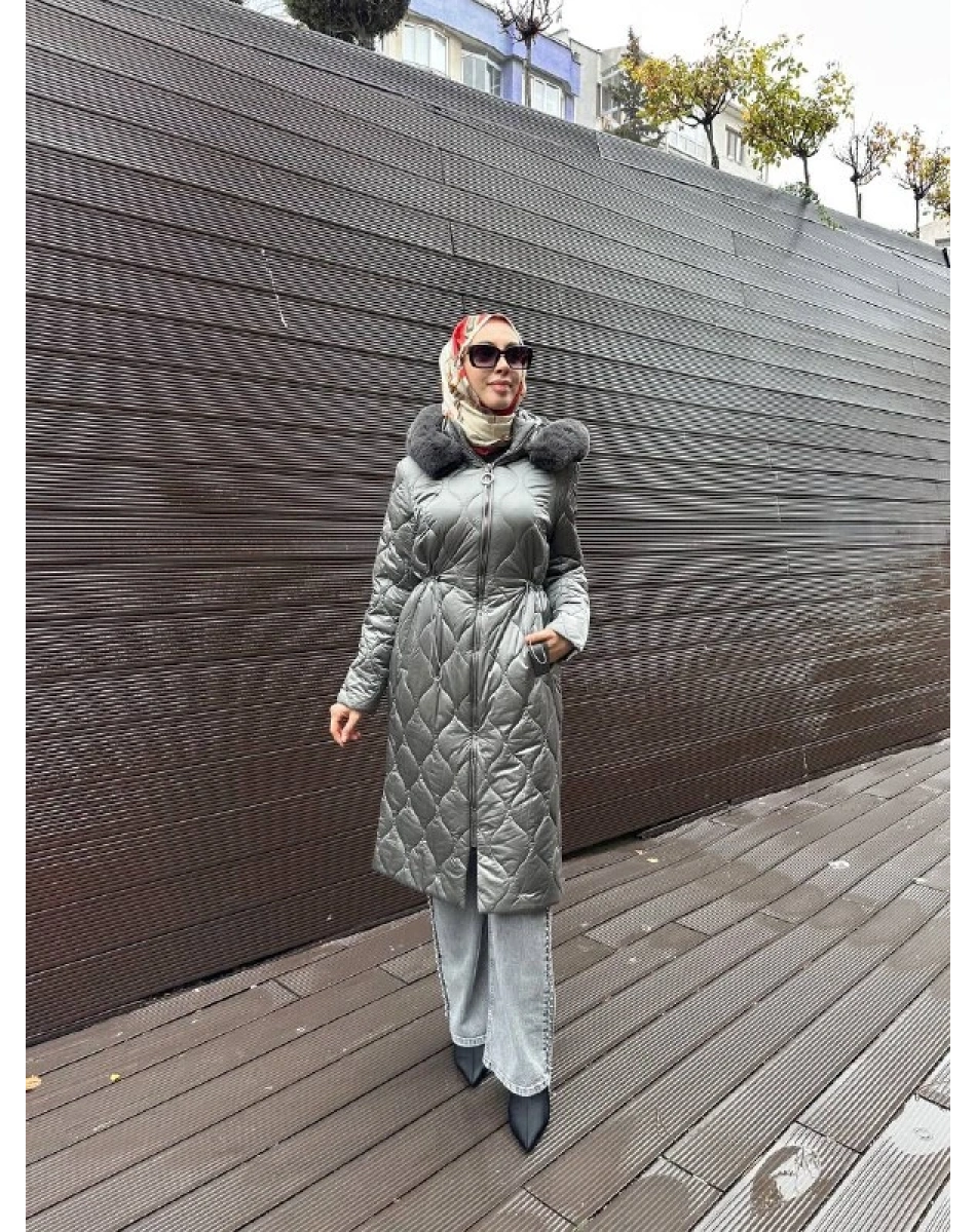 Trenç 5628 Gri Soğan Desenli Şişme Kaban