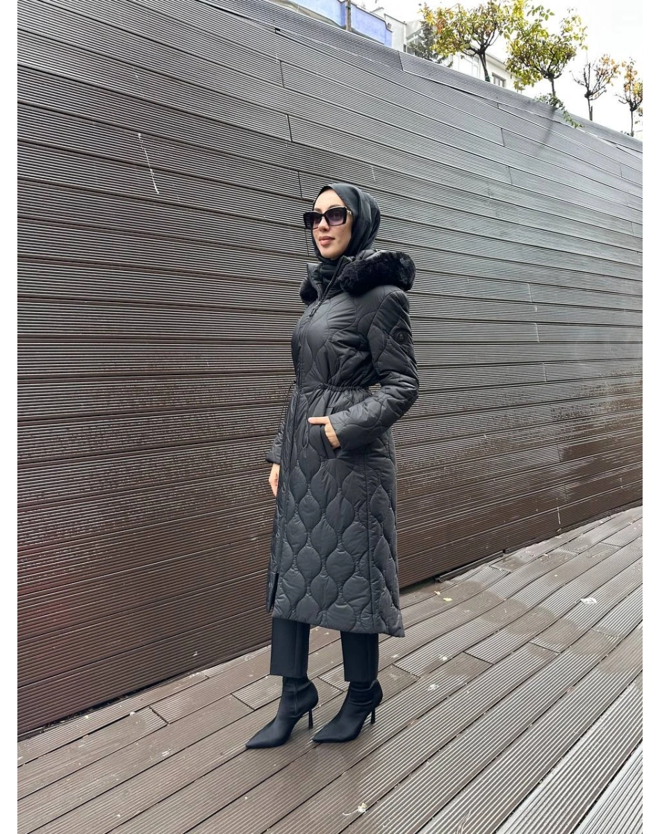 Trenç 5628 Siyah Soğan Desenli Şişme Kaban