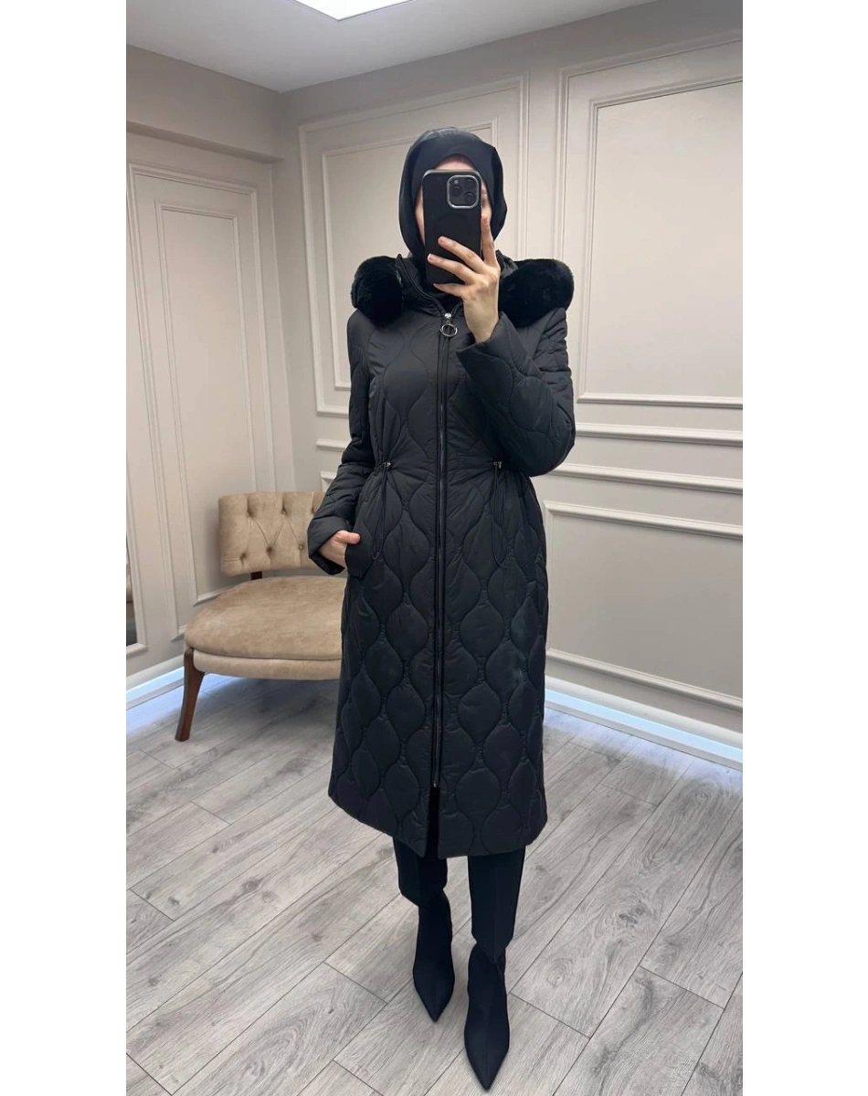 Trenç 5628 Siyah Soğan Desenli Şişme Kaban