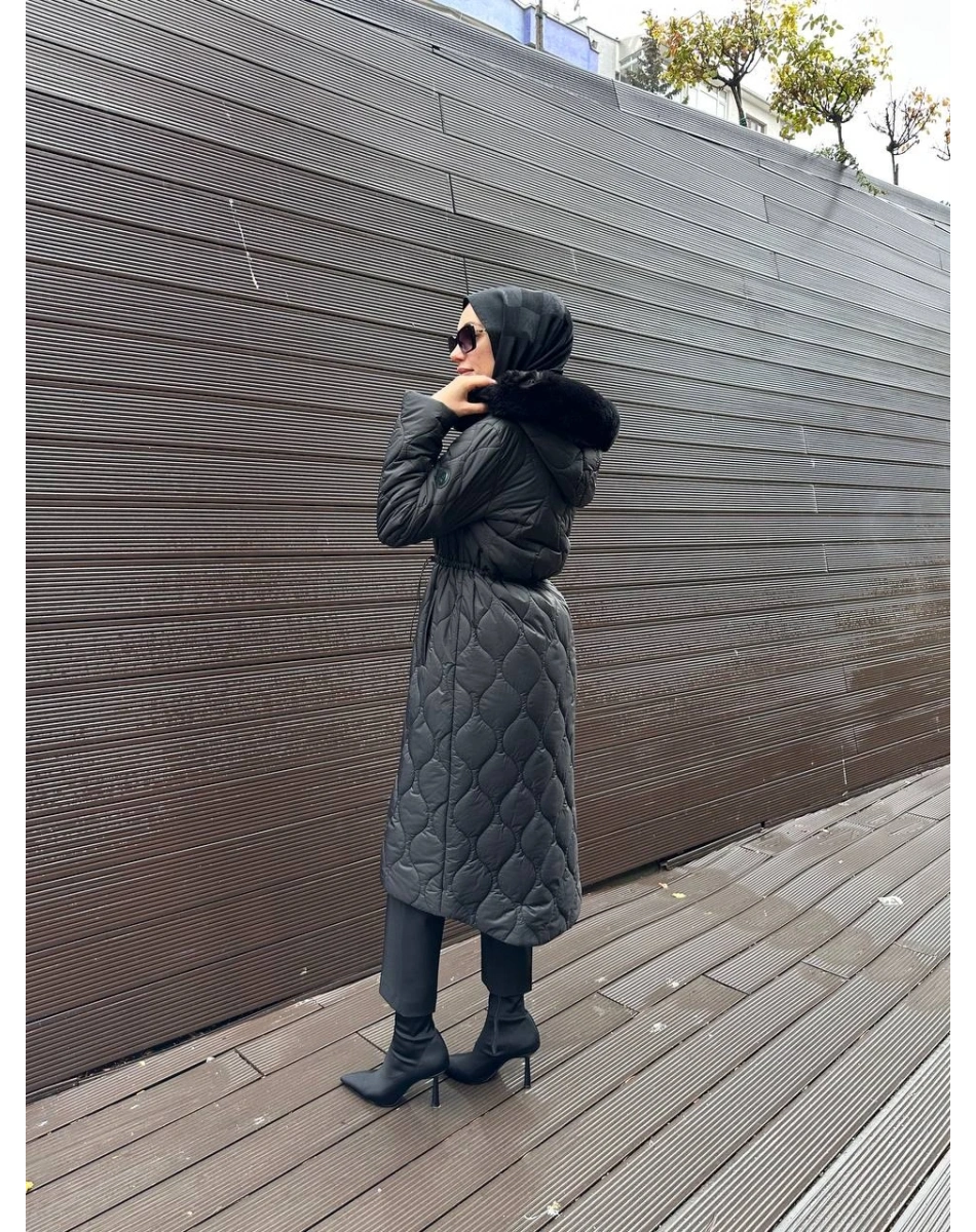 Trenç 5628 Siyah Soğan Desenli Şişme Kaban