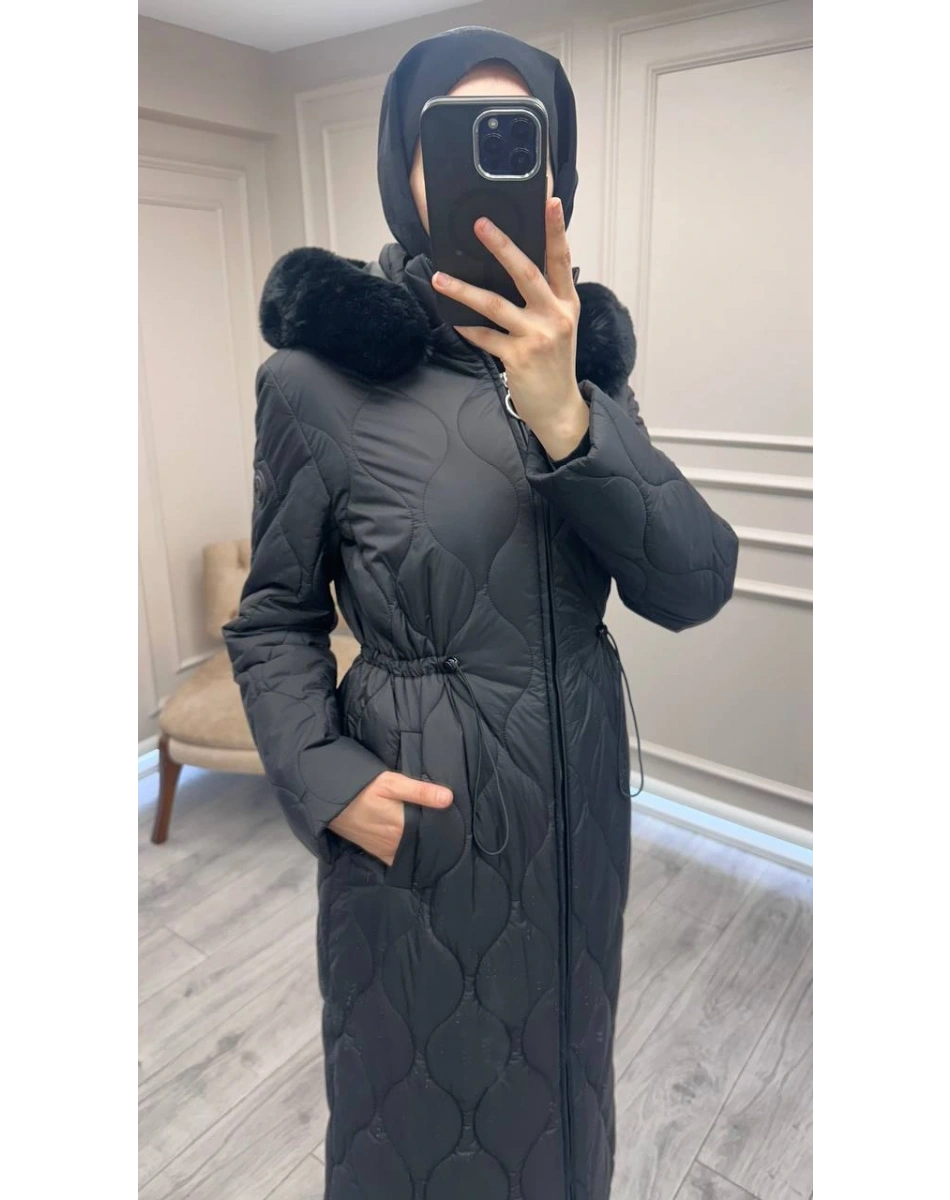 Trenç 5628 Siyah Soğan Desenli Şişme Kaban