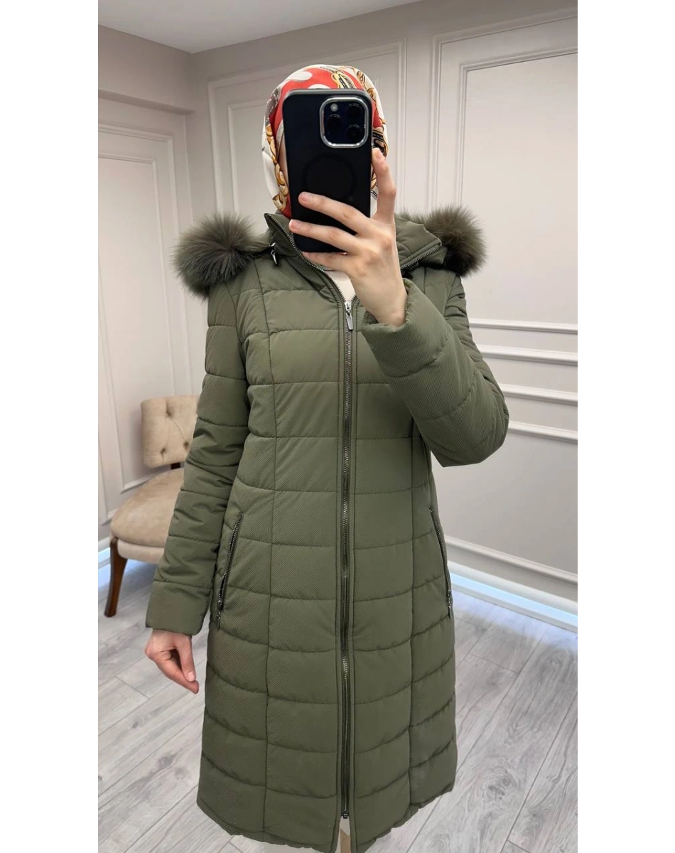 Trenç 5630 Haki Kapüşonu Orjinal Kürklü Şişme Kaban