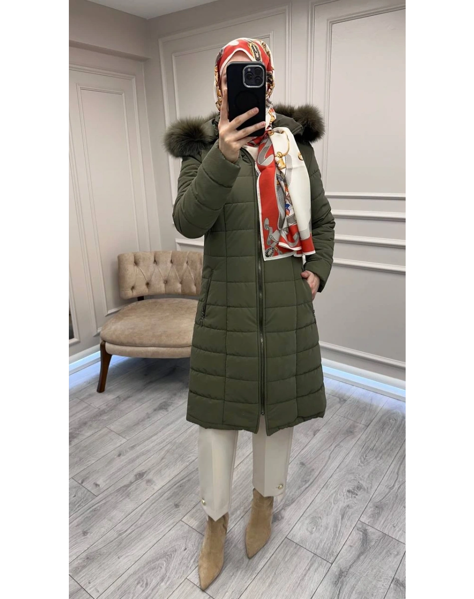 Trenç 5630 Haki Kapüşonu Orjinal Kürklü Şişme Kaban