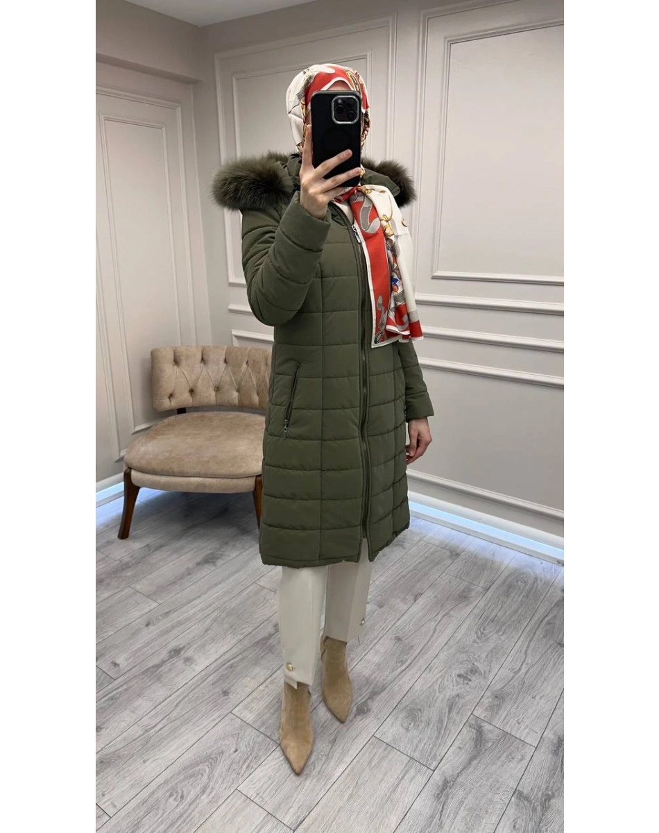 Trenç 5630 Haki Kapüşonu Orjinal Kürklü Şişme Kaban