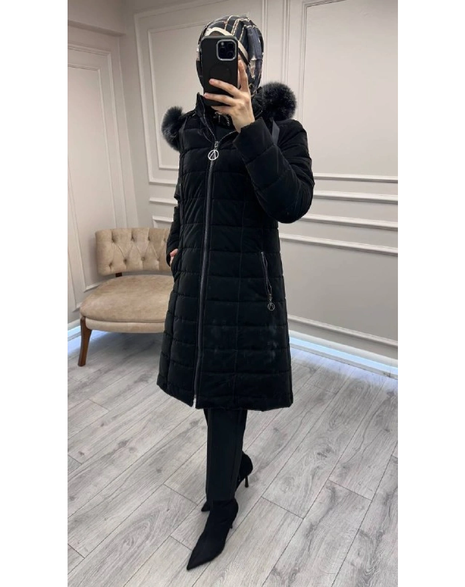 Trenç 5630 Siyah Kapüşonu Orjinal Kürklü Şişme Kaban