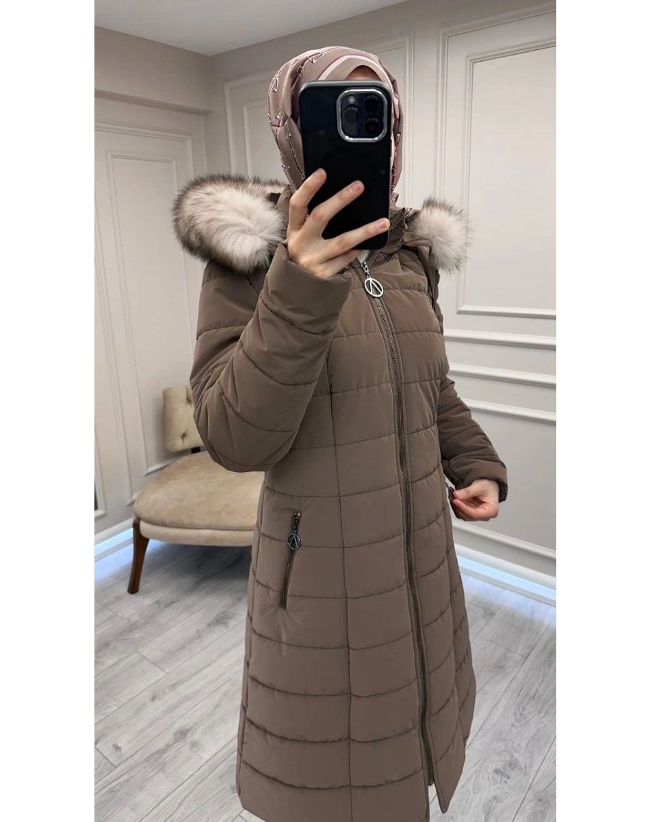 Trenç 5630 Vizon Kapüşonu Orjinal Kürklü Şişme Kaban