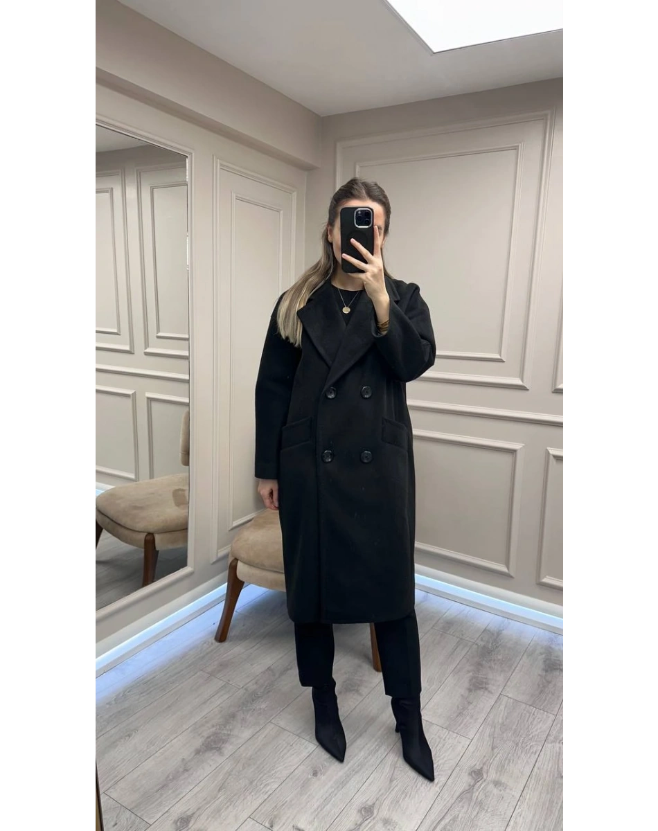 Trenç 5736 Siyah Şal Yaka Kaşe Kaban