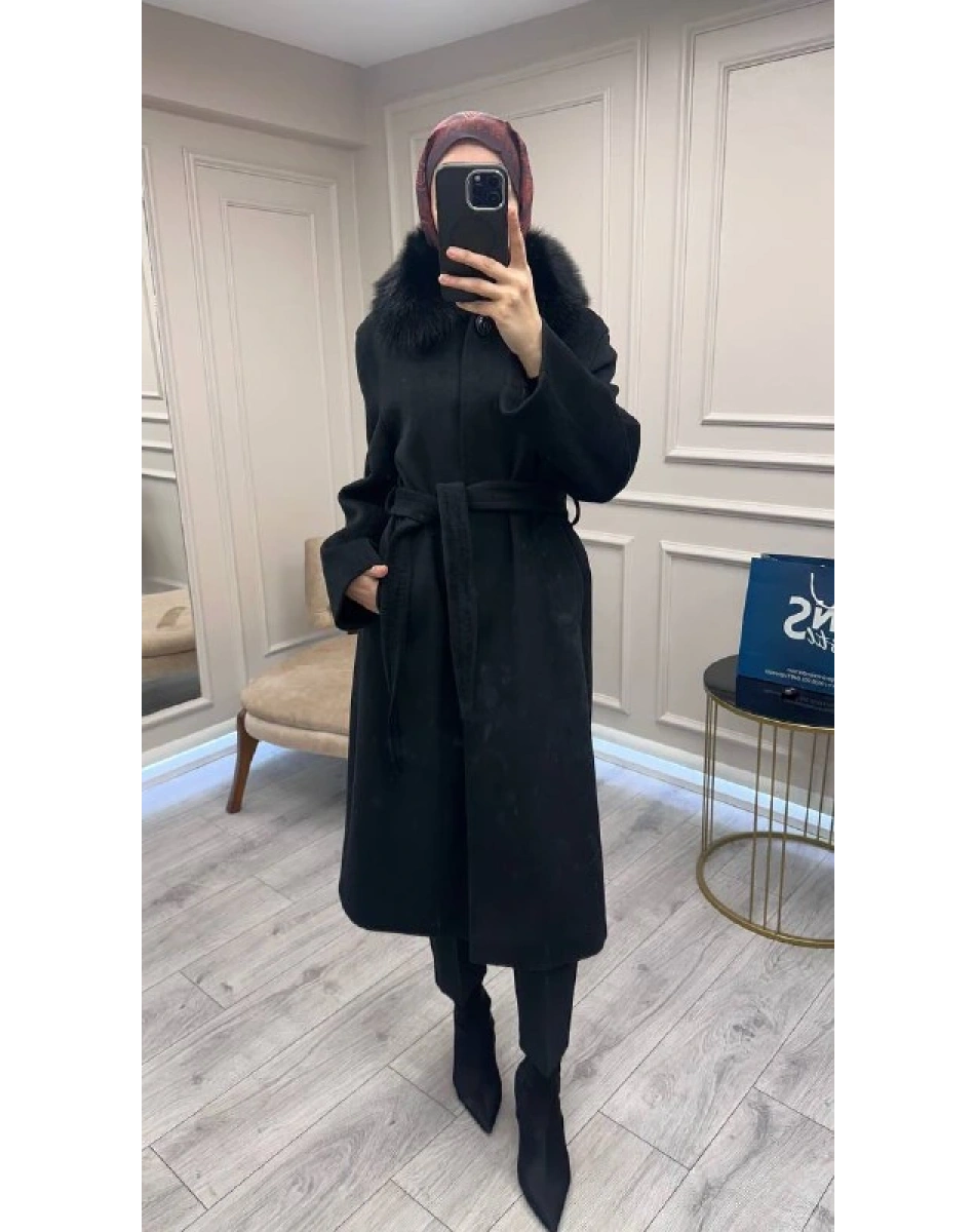 Trenç 5737 Siyah Orjinal Kürk Detaylı Kaşe Kaban