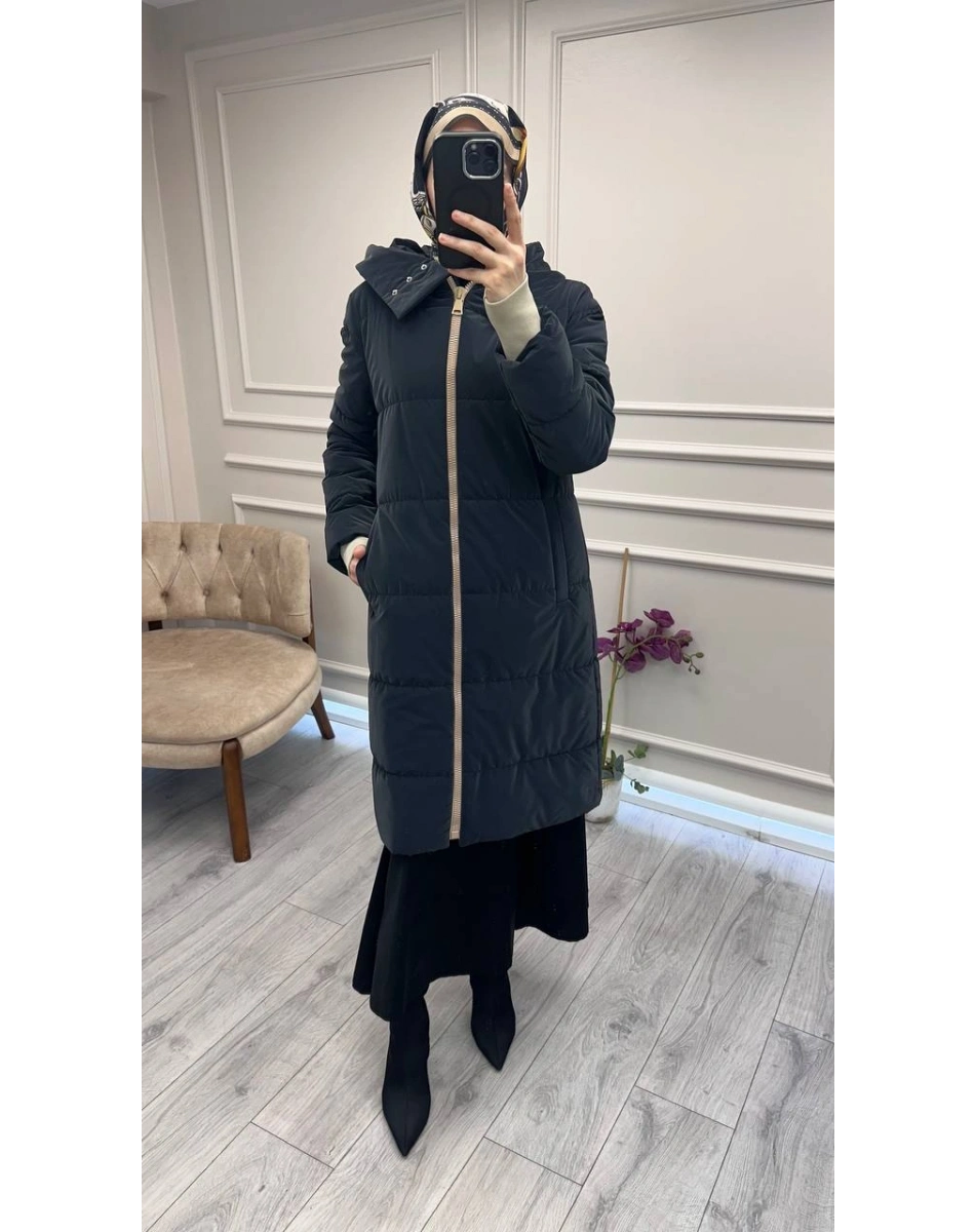 Trenç 5755 Lacivert Ribanalı Kapitone Kaban