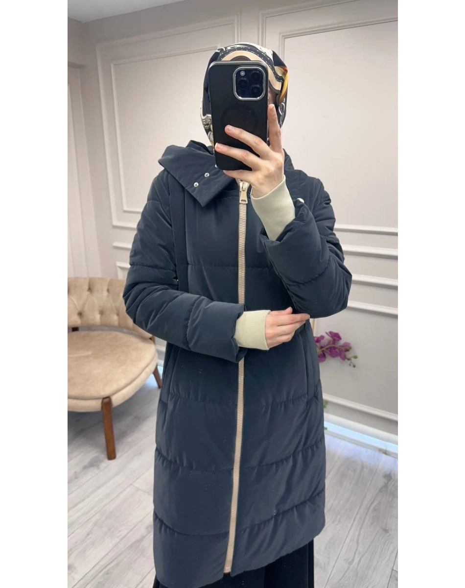 Trenç 5755 Lacivert Ribanalı Kapitone Kaban