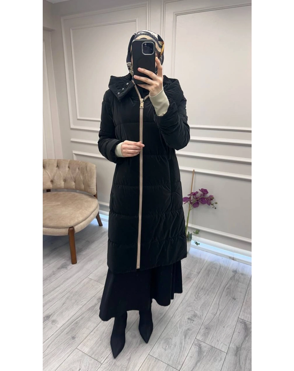 Trenç 5755 Siyah Ribanalı Kapitone Kaban