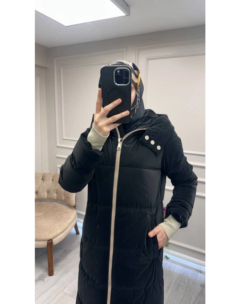 Trenç 5755 Siyah Ribanalı Kapitone Kaban