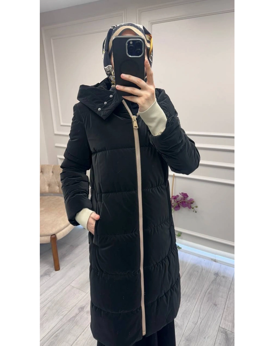 Trenç 5755 Siyah Ribanalı Kapitone Kaban