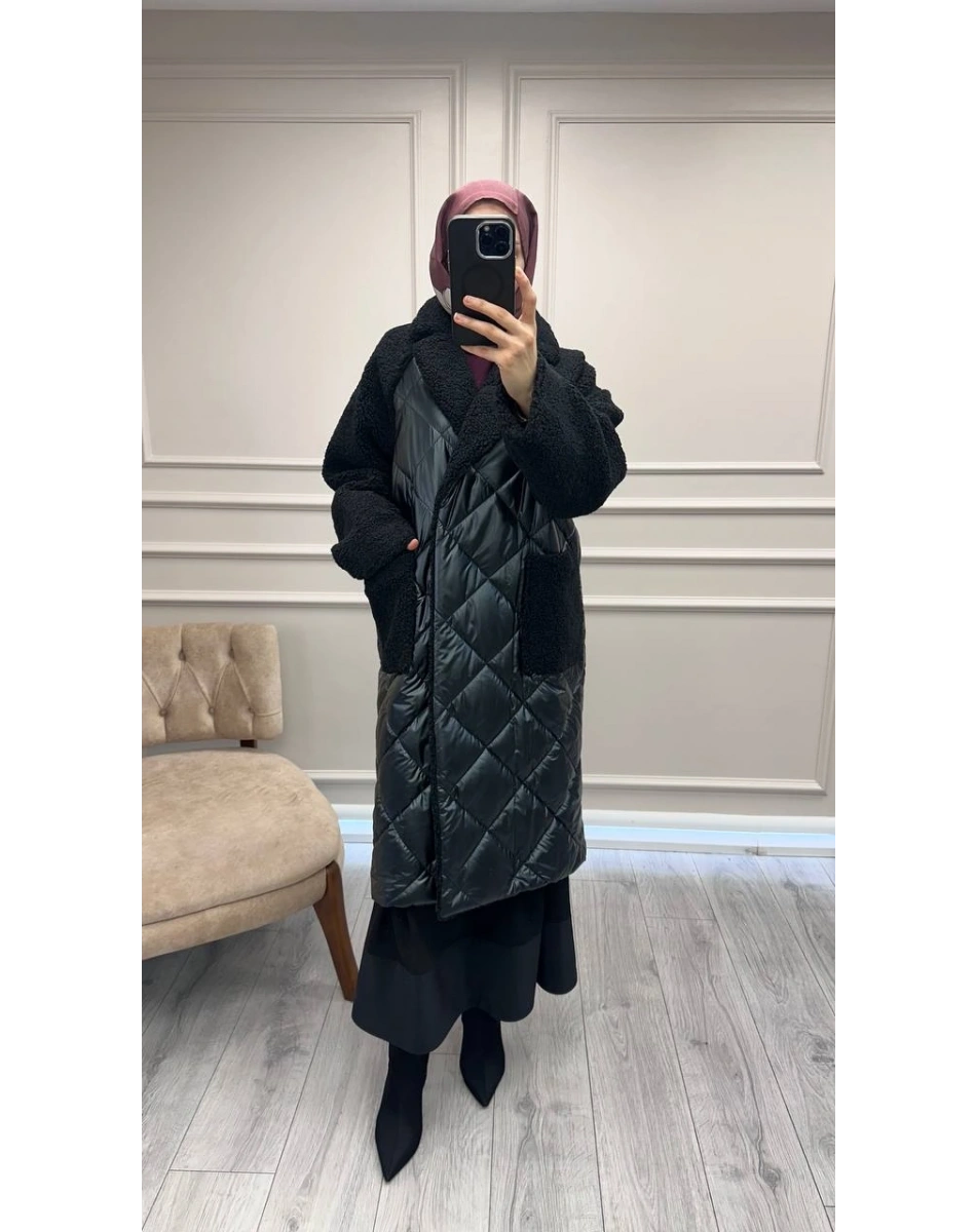 Trenç 5839 Siyah Peluş Detaylı Parlak Kapitone Kaban