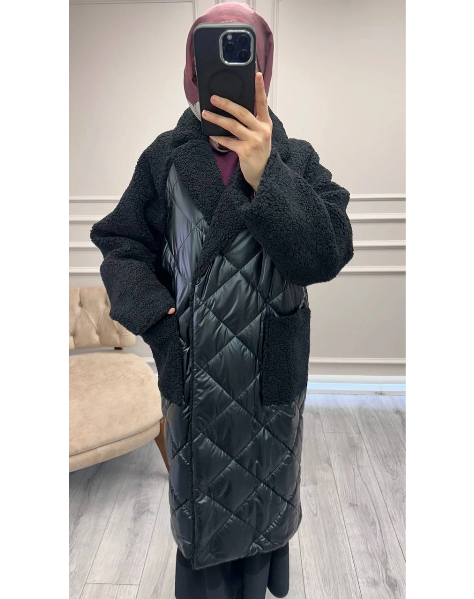 Trenç 5839 Siyah Peluş Detaylı Parlak Kapitone Kaban