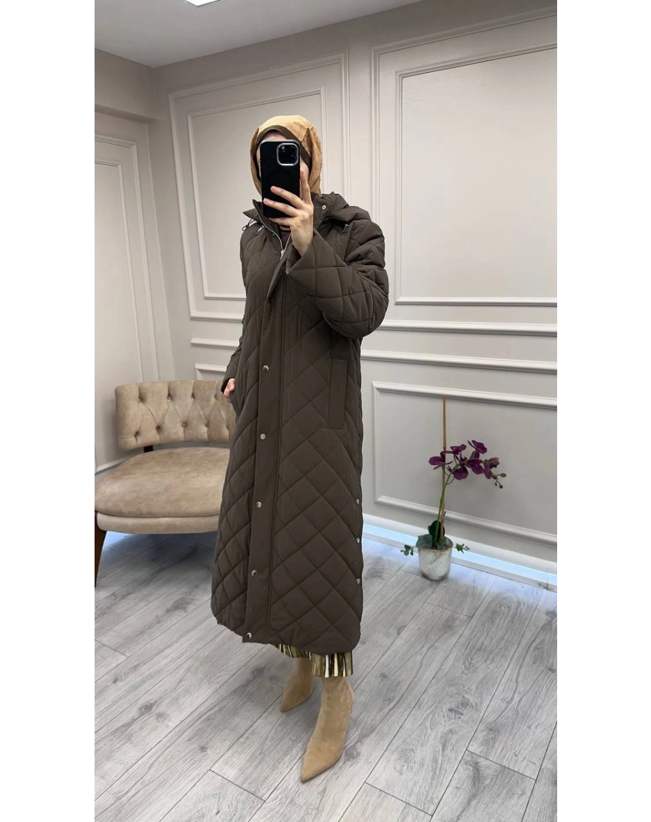 Trenç 5921 Kahve Baklava Desen Çıtçıtlı Kaban