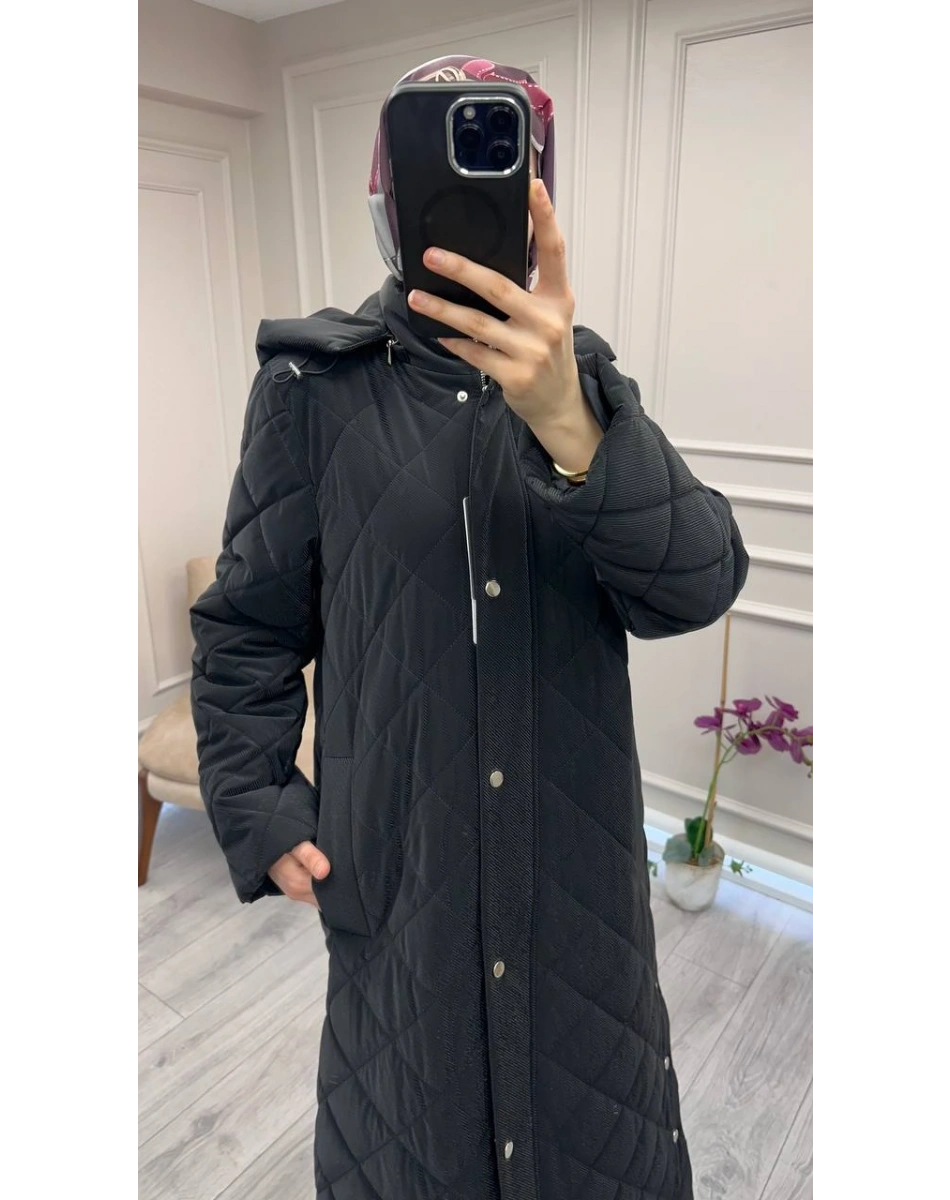 Trenç 5921 Siyah Baklava Desen Çıtçıtlı Kaban