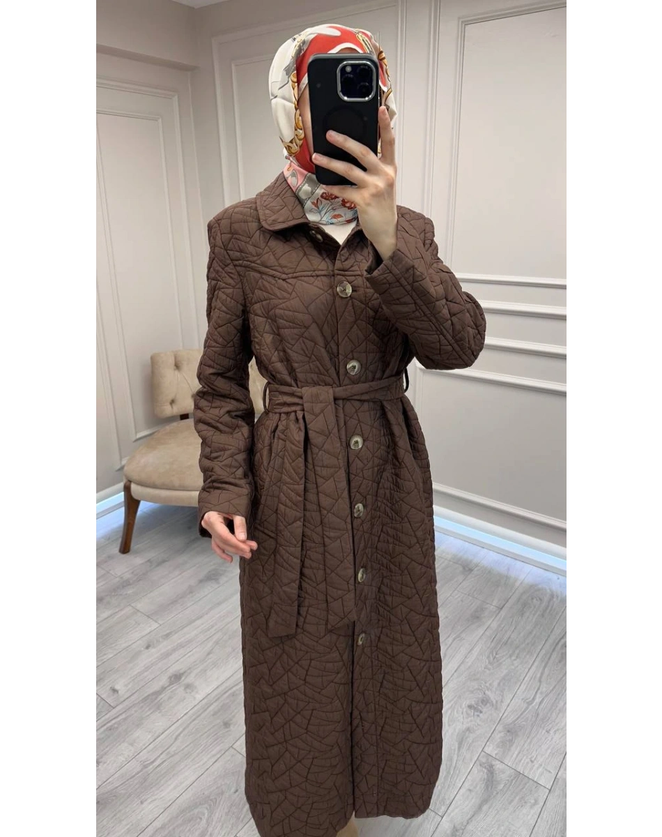 Trenç 5947 Kahve Uzun Kapitone Kuşaklı Kaban