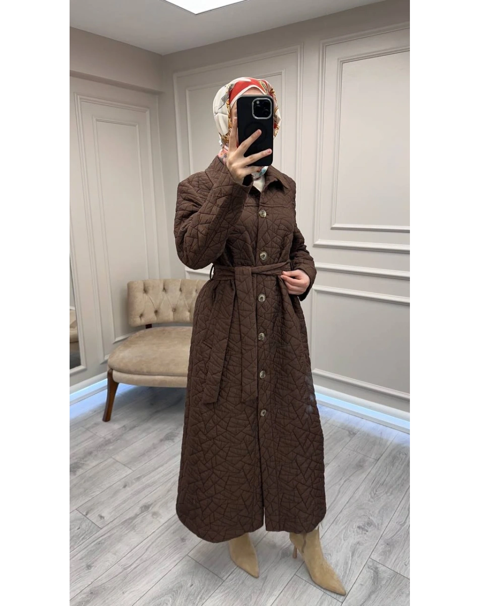 Trenç 5947 Kahve Uzun Kapitone Kuşaklı Kaban