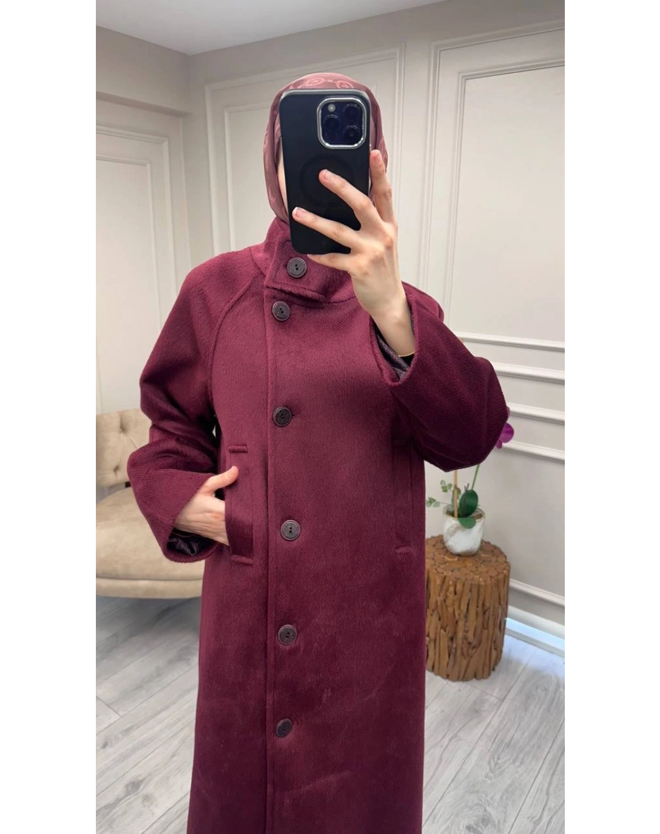 Trenç 6014 Bordo Dik Yaka Düğmeli Kaşe Kaban
