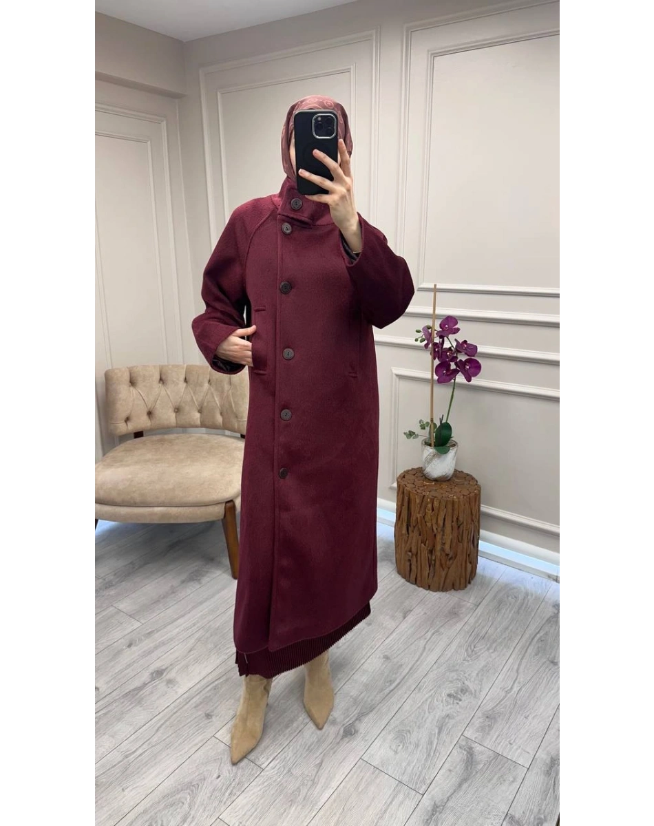 Trenç 6014 Bordo Dik Yaka Düğmeli Kaşe Kaban