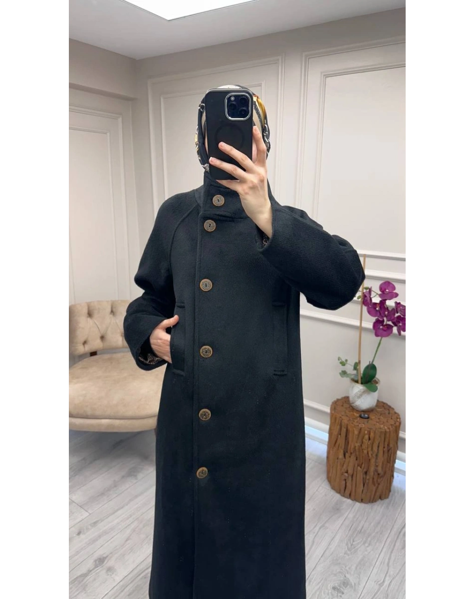 Trenç 6014 Siyah Dik Yaka Düğmeli Kaşe Kaban