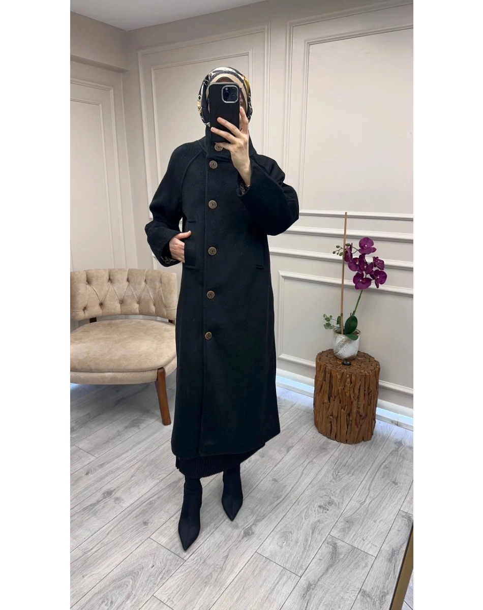Trenç 6014 Siyah Dik Yaka Düğmeli Kaşe Kaban
