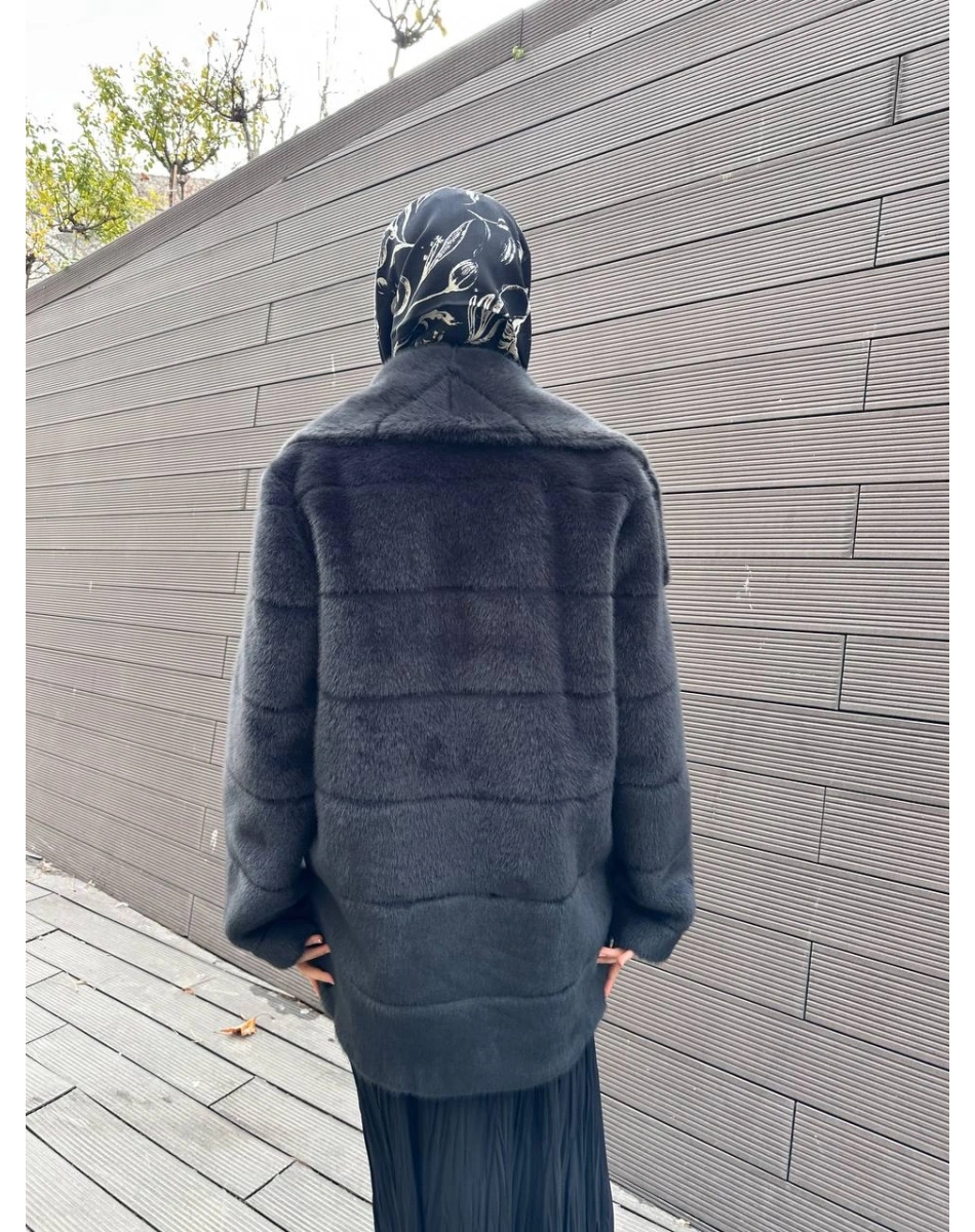 Trenç 7013 Antrasit Geniş Yaka Peluş Kürk Kaban