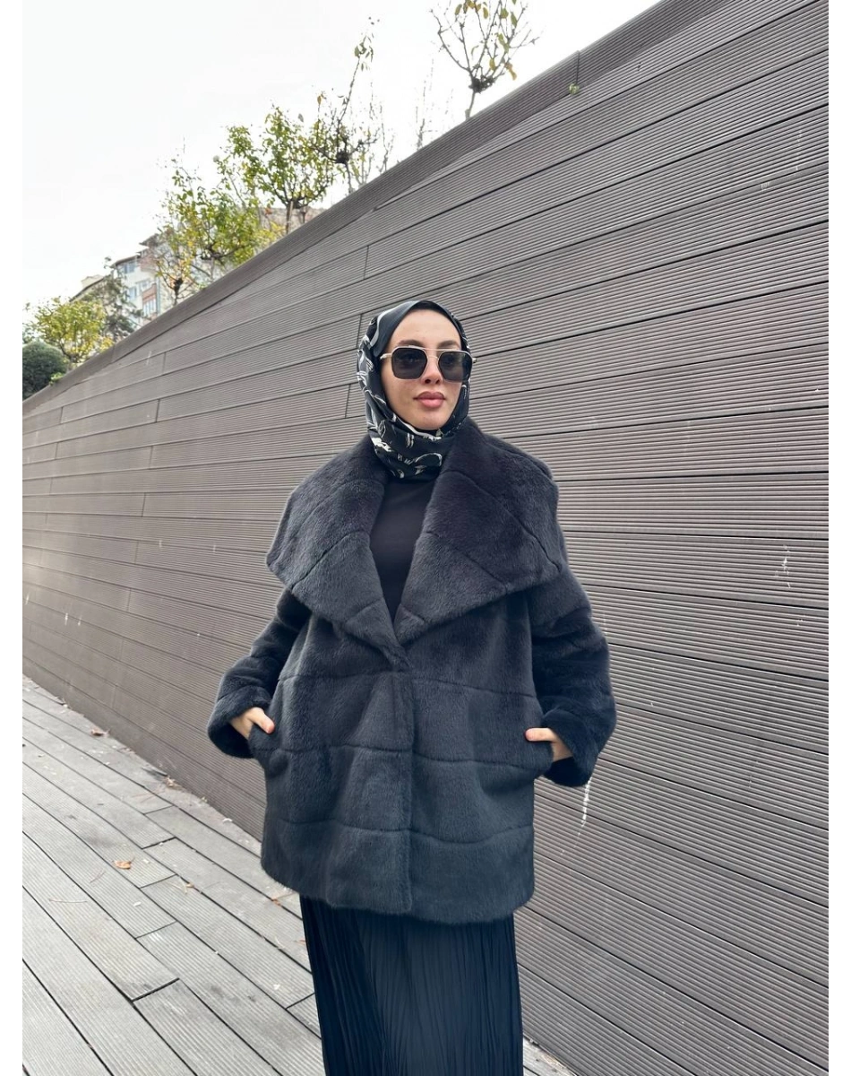Trenç 7013 Antrasit Geniş Yaka Peluş Kürk Kaban