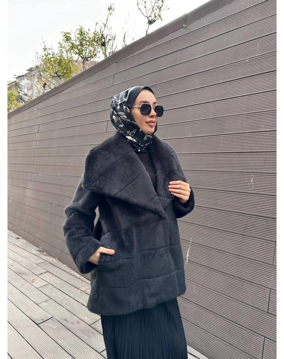 Trenç 7013 Antrasit Geniş Yaka Peluş Kürk Kaban