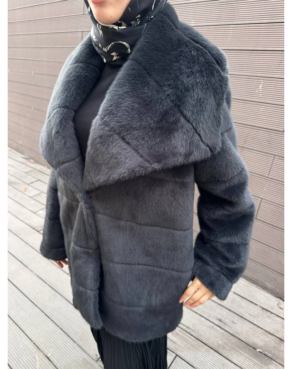 Trenç 7013 Antrasit Geniş Yaka Peluş Kürk Kaban