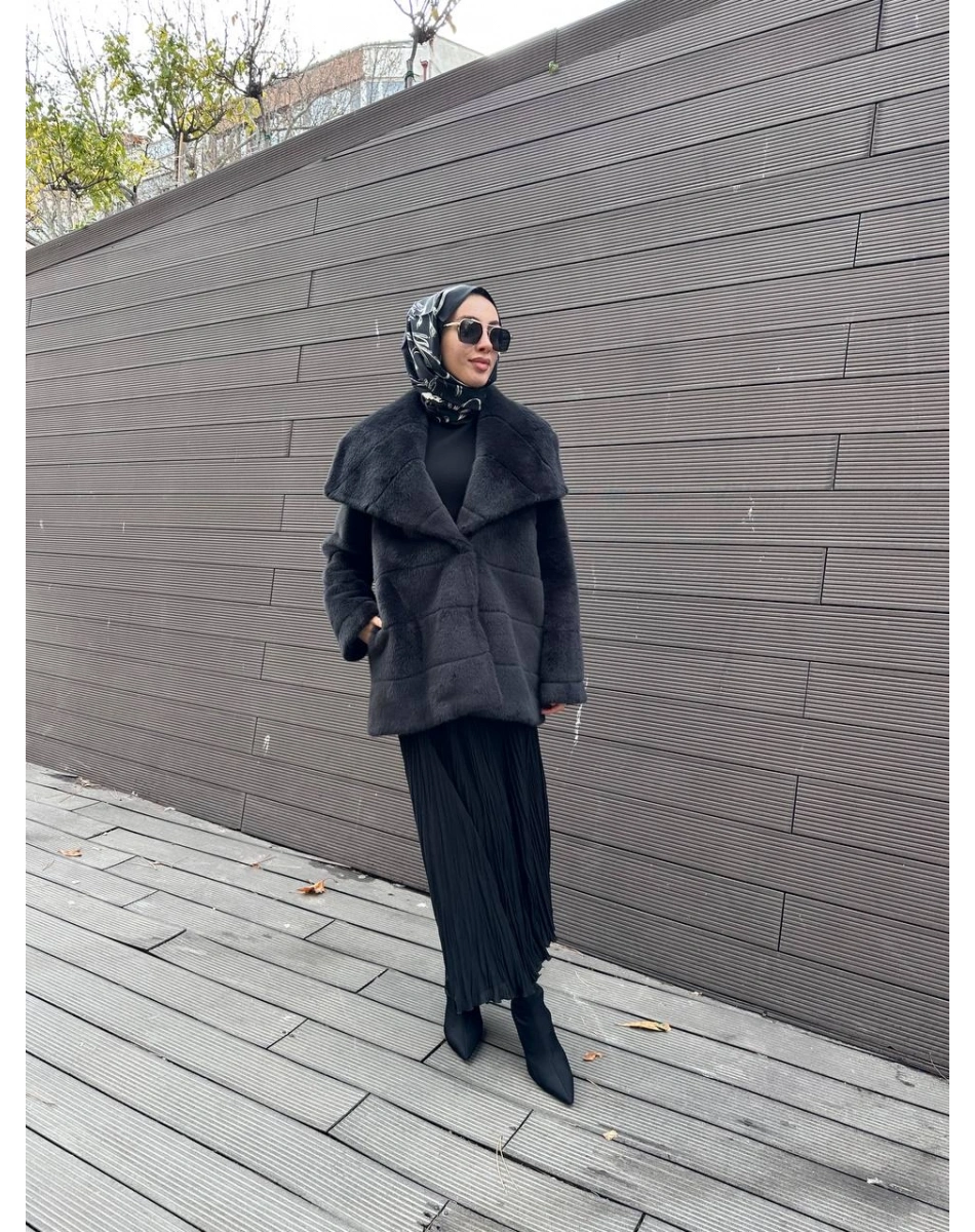 Trenç 7013 Antrasit Geniş Yaka Peluş Kürk Kaban