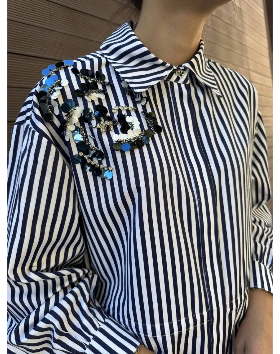 Venöve 26FWGOM0002 Lacivert Çizgili Betty Gömlek