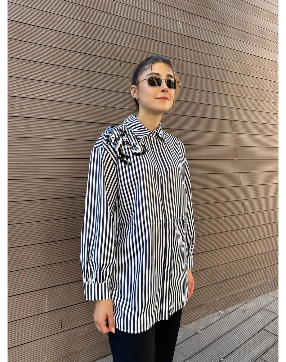 Venöve 26FWGOM0002 Lacivert Çizgili Betty Gömlek