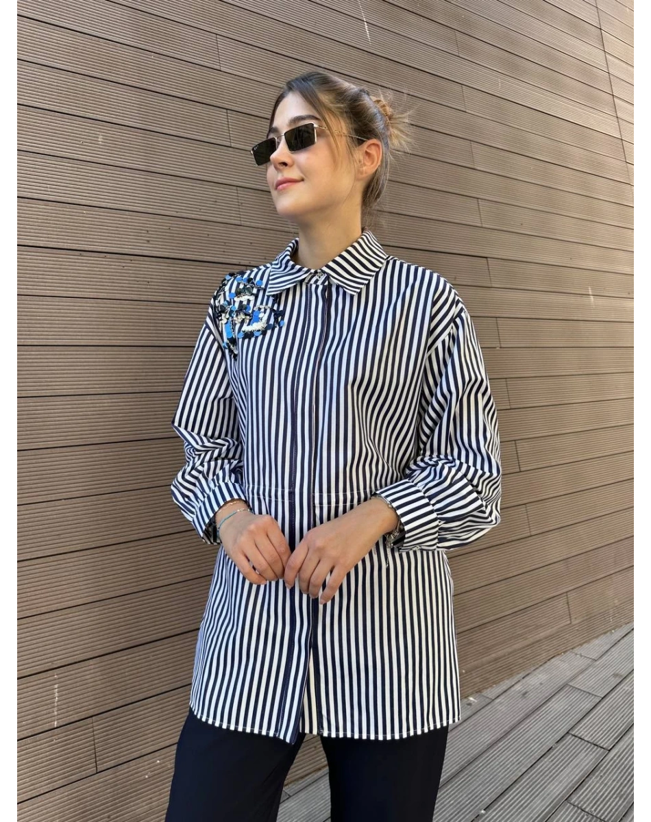 Venöve 26FWGOM0002 Lacivert Çizgili Betty Gömlek